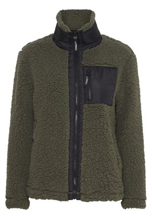 Olivengrønn fleecejakke med frontpanel i svart nylon, høy krage, glidelås og strukturert stoff. Har en brystlomme med glidelås.