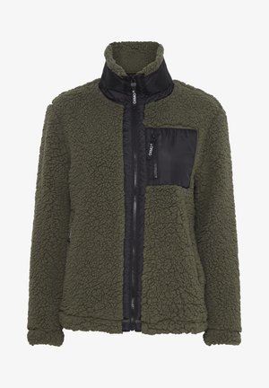 Olivgrüne Fleecejacke mit einem vorderen Panel aus schwarzem Nylon, hohem Kragen, Reißverschluss und strukturiertem Stoff. Verfügt über eine Brusttasche mit Reißverschluss.