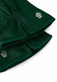 Green leather gloves featuring a smooth texture, contrasting stitching, and silver logo accents near the cuffs.