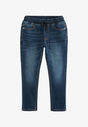 Pantalon jogger en denim bleu foncé avec taille élastique et cordon de serrage, avec poches avant et détails délavés subtils.