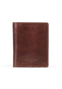 Portafoglio in pelle marrone con una texture liscia, caratterizzato da dettagli di cucitura visibili e logo in rilievo "HOWARD" sulla parte anteriore.