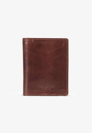 Portefeuille en cuir marron avec une texture lisse, présentant un détail de couture visible et le logo « HOWARD » en relief sur le devant.