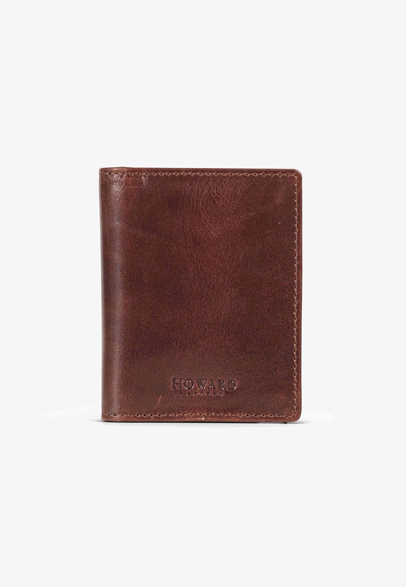 Portafoglio in pelle marrone con una texture liscia, caratterizzato da dettagli di cucitura visibili e logo in rilievo "HOWARD" sulla parte anteriore.