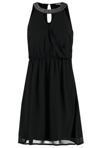 Svart ärmlös knälång klänning med pärlade rund krage, nyckelhålsfront, figursydd midja och lätt utsvängd kjol.