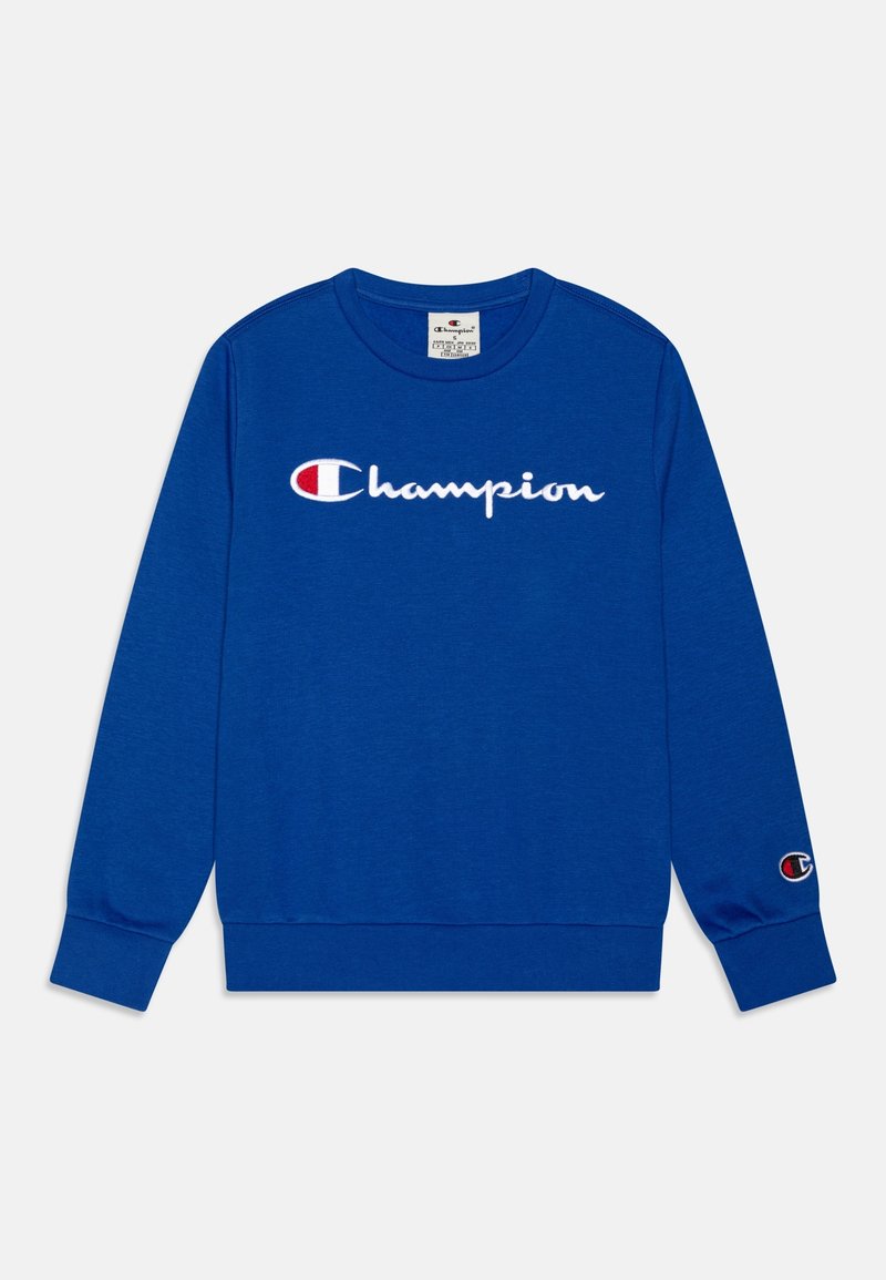 Sweat-shirt Champion bleu à manches longues avec texte du logo blanc et rouge centré sur la poitrine et petite écusson du logo sur le poignet de la manche gauche.