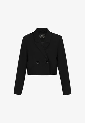 Zkrácená černá bunda s klopovým límcem, dlouhými rukávy a srdíčkovými dvojitými knoflíky. Vyrobena z hladké, texturované látky.