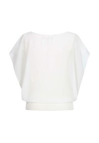 Blouse blanche ample avec larges manches courtes et une taille ajustée, vue de dos sur un fond uni.