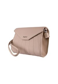 Borsa a busta beige pallido con flap in stile busta, cuciture verticali e tracolla staccabile. Realizzata in materiale sintetico liscio.