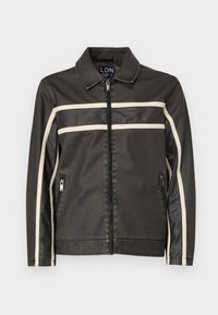 Dark gray synthetic jacket with a pointed collar, white horizontal stripes, long sleeves, and two zippered pockets. Smooth texture.