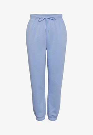 Svetlo modré bavlnené tepláky s elastickým pásom, šnúrkou na stiahnutie a manžetovými nohavicami. Hladká textura s voľným strihom. Bez vreciek.