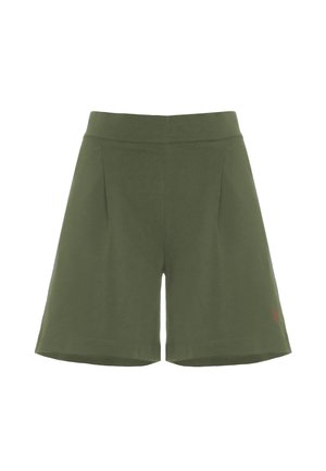 Pantaloni corti verde oliva con una vestibilità sartoriale, caratterizzati da pieghe e un piccolo logo rosso sul lato sinistro. Realizzati in tessuto morbido, con un design fino al ginocchio.