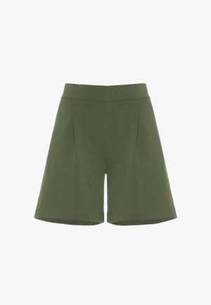 Pantaloni corti verde oliva con una vestibilità sartoriale, caratterizzati da pieghe e un piccolo logo rosso sul lato sinistro. Realizzati in tessuto morbido, con un design fino al ginocchio.