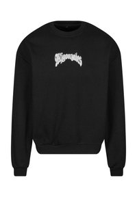 Zwart sweatshirt met een ronde hals en lange mouwen. Het heeft witte geborduurde tekst op de voorkant. Zacht materiaal met een relaxte pasvorm.