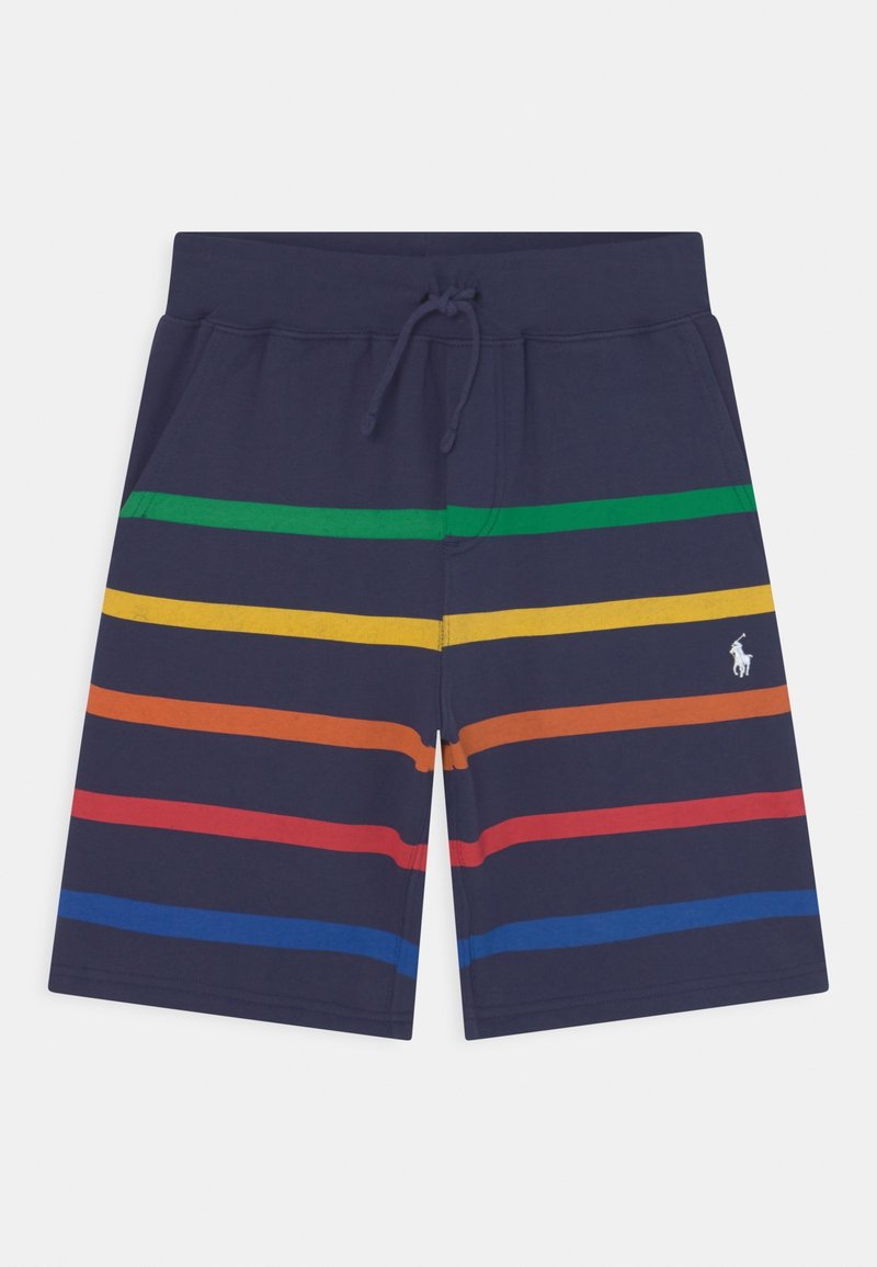 Shorts bleu marine avec des bandes horizontales vertes, jaunes, orange, rouges et bleues et un logo blanc brodé sur la jambe droite.