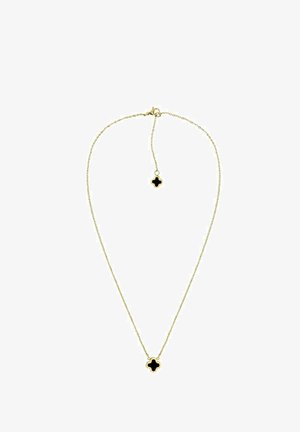 Goldene Kette mit einem schwarzen, kleeblattförmigen Anhänger. Der Anhänger hat eine glatte Oberfläche mit einem goldenen Rand, und die Kette ist zart.