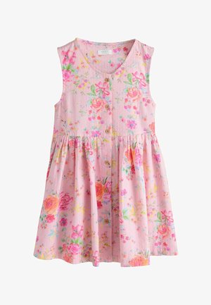 Blommig rosa klänning i lätt tyg, med knappar framtill, ärmlös design och samlad midja med livfulla blommönster.