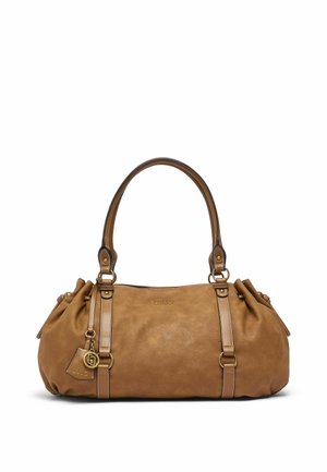 Sac à main en cuir marron avec deux anses, ferrures dorées et une petite étiquette de marque suspendue à une des anses.