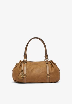 Sac à main en cuir marron avec deux anses, ferrures dorées et une petite étiquette de marque suspendue à une des anses.