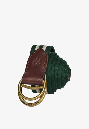 Grønt vævet stofbælte med hvid stribe, brun læderende og dobbelsporet messing D-ring spænde graveret med "Superdry."