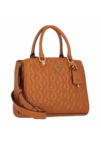 Brun quiltad handväska med guldfärgad hårdvara, dubbel topphandtag och avtagbar axelrem. Innehåller en liten fäst nyckelring.