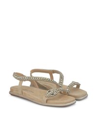 Beige instapsandalen met decoratieve ingelegde bandjes en gestructureerde zolen. Beschikt over een zacht materiaal met een minimalistisch ontwerp en een lichte glans.