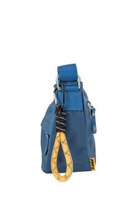 Bolsa de tela azul con una superficie texturizada, que cuenta con una correa gruesa azul, un asa negra y amarilla, y un pequeño bolsillo con cremallera.