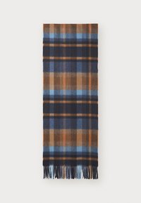 Wollschal mit einem blau-braunen und marineblauen Karomuster und fransigen Kanten. Weiche Textur mit rechteckiger Form.