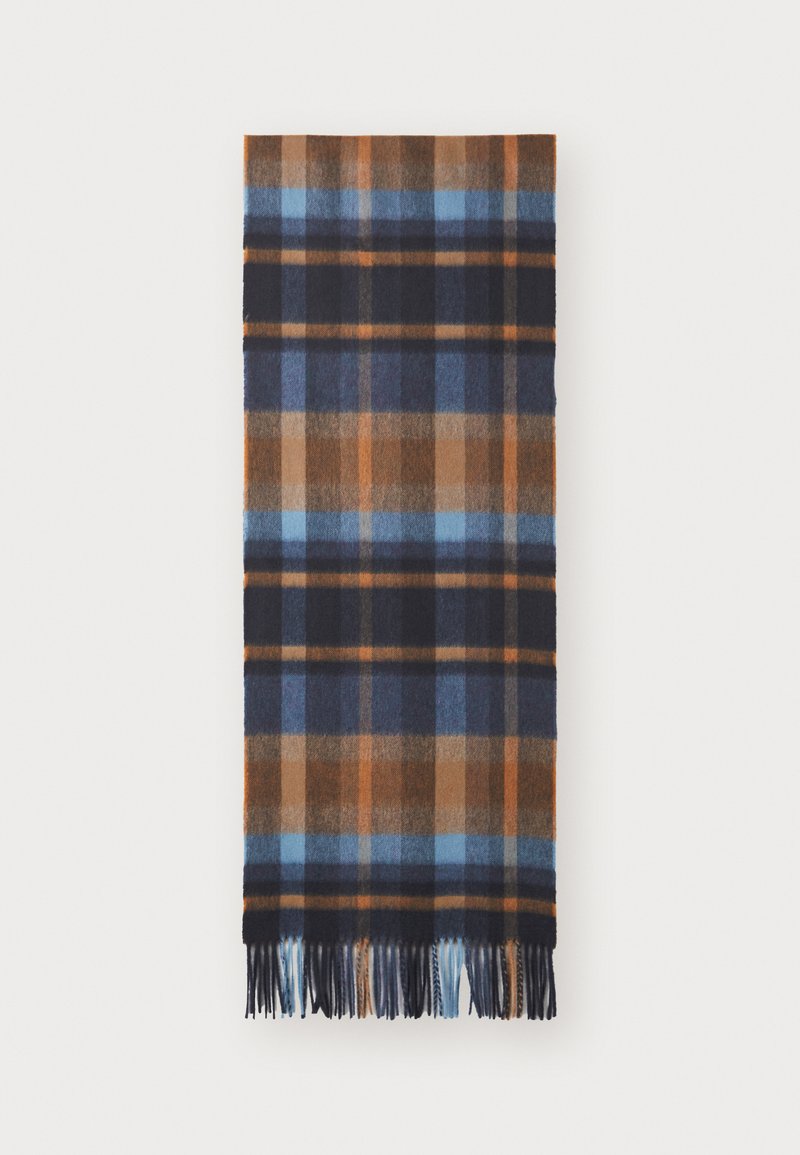 Wollschal mit einem blau-braunen und marineblauen Karomuster und fransigen Kanten. Weiche Textur mit rechteckiger Form.
