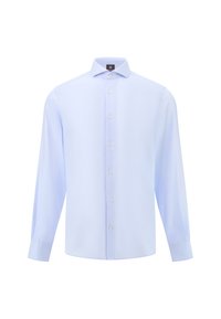 Hellblaues Langarmhemd aus glattem Stoff. Verfügt über einen klassischen Kragen, Knopfverschluss und Manschetten mit leichter Rundung am Saum.