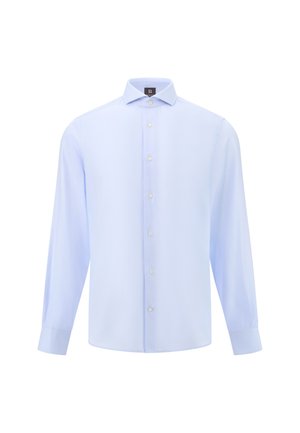 Svetlo modra srajca z dolgimi rokavi, izdelana iz gladkega materiala. Ima klasičen ovratnik, zapiranje z gumbi in manšete s rahlimi zavoji na robu.