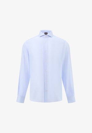 Jasnoniebieska koszula z długim rękawem, wykonana z gładkiego materiału. Posiada klasyczny kołnierzyk, zapięcie na guziki i mankiety z delikatnym zaokrągleniem u dołu.