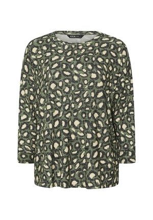 Langärmliges Oberteil aus dunkelgrünem Stoff mit einem cremefarbenen Leopardenmuster. Rundhalsshirt mit lockerem Schnitt und strukturierter Oberfläche.