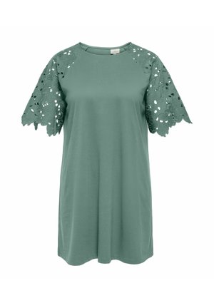 Mint green short-sleeve dress with scalloped lace accents. Soft cotton fabric, round neckline, and loose-fit design. No additional embellishments.