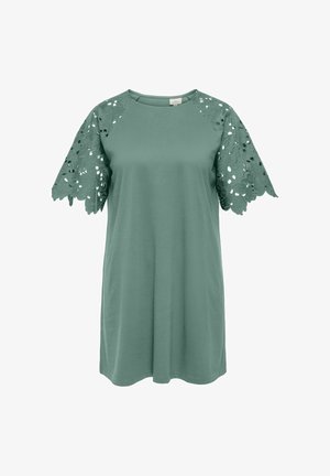 Mint green short-sleeve dress with scalloped lace accents. Soft cotton fabric, round neckline, and loose-fit design. No additional embellishments.