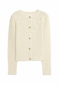 Cremfarbener Strickcardigan mit strukturiertem Rautenmuster, Rundhalsausschnitt, Knöpfen vorne und Pom-Pom-Akzenten an den Schultern.