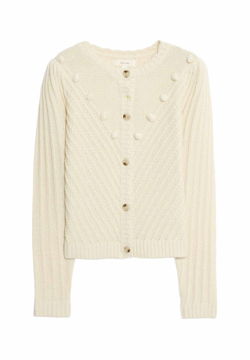 Cremfarbener Strickcardigan mit strukturiertem Rautenmuster, Rundhalsausschnitt, Knöpfen vorne und Pom-Pom-Akzenten an den Schultern.