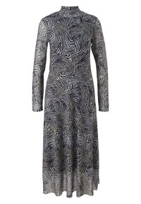 Vestido de manga larga con un patrón de rayas de cebra en negro y gris. Presenta un cuello alto y una falda fluida, confeccionado en un tejido ligero.