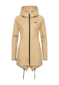 Béžová softshell bunda s vysokým golierom a zipsovým uzatváraním vpredu. Obsahuje dve bočné vrecká, nastaviteľný šnúrkový lem a dlhé rukávy.
