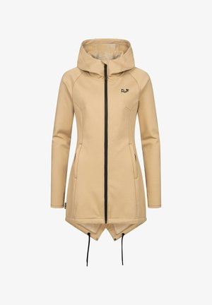 Beige softshell jacket with a high collar and a zip front closure. Features two side pockets, an adjustable drawstring hem, and long sleeves.