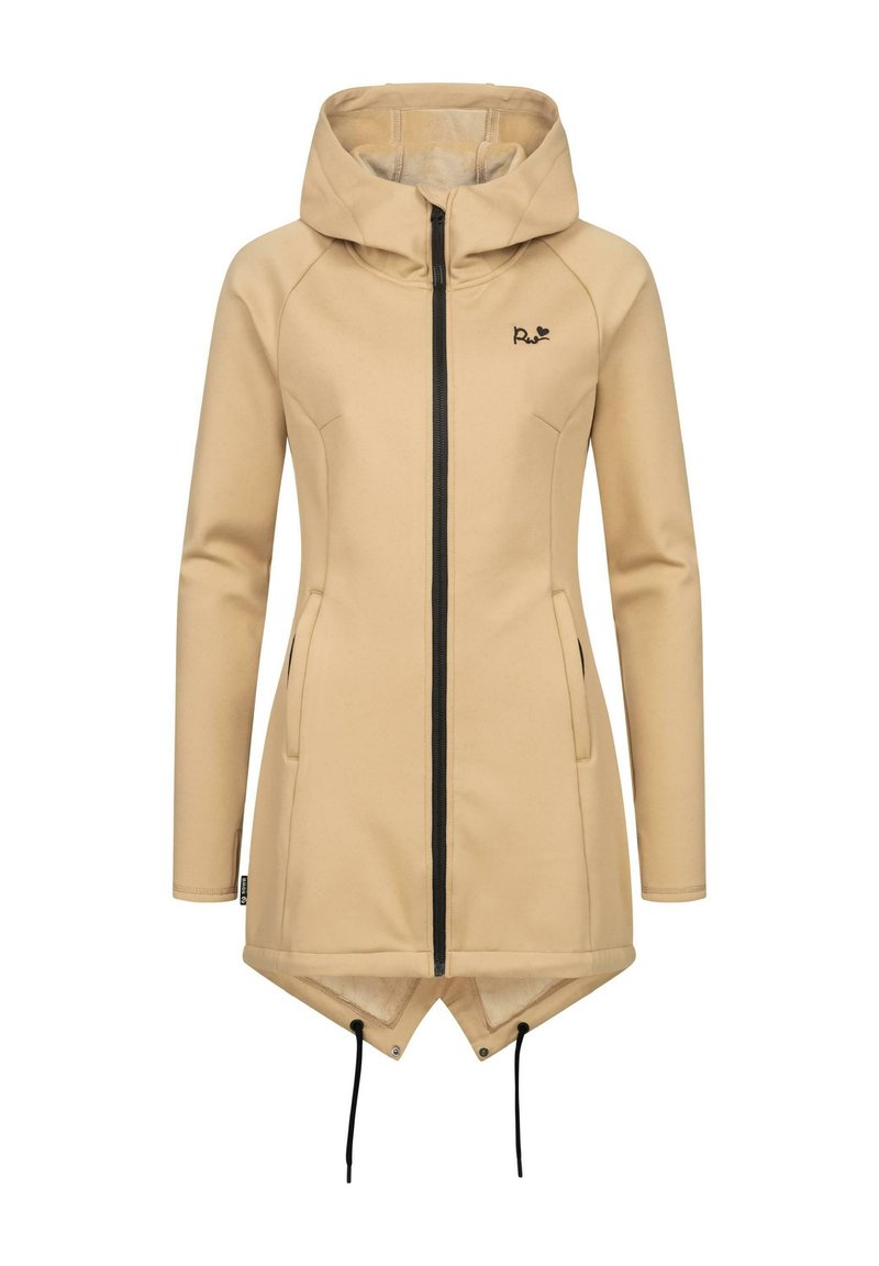 Béžová softshell bunda s vysokým golierom a zipsovým uzatváraním vpredu. Obsahuje dve bočné vrecká, nastaviteľný šnúrkový lem a dlhé rukávy.