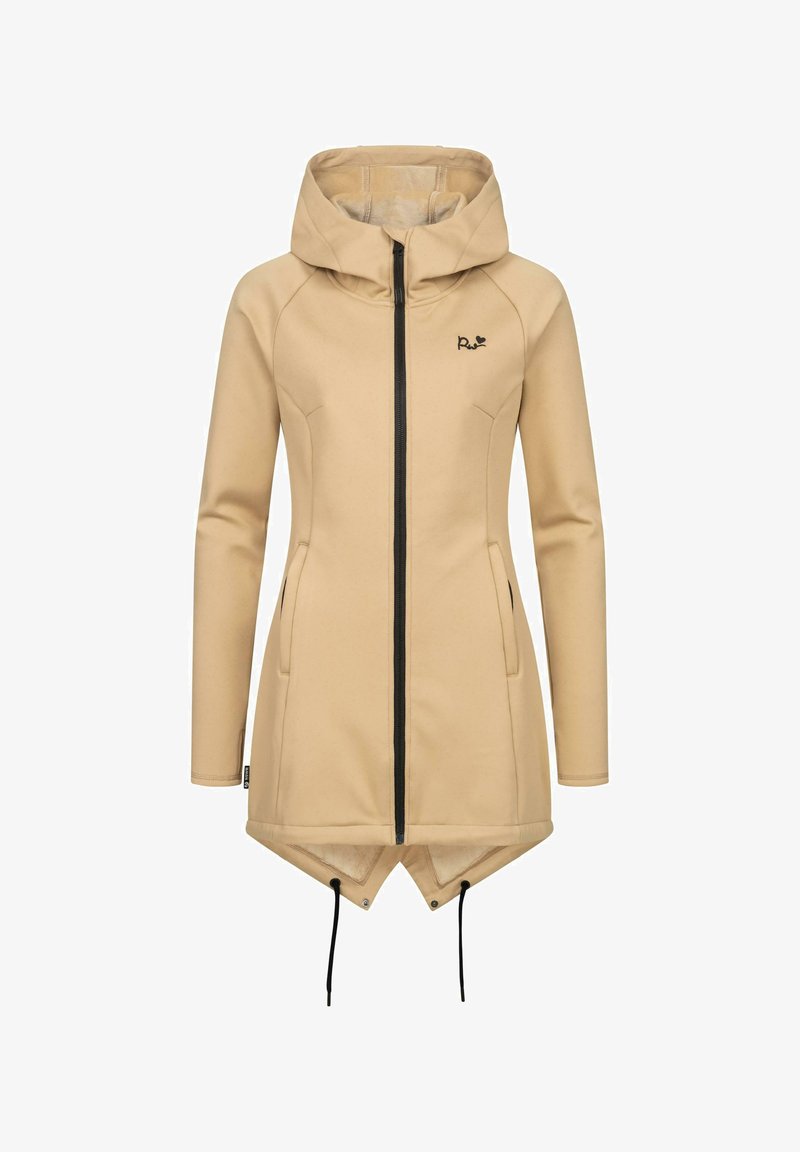 Béžová softshell bunda s vysokým golierom a zipsovým uzatváraním vpredu. Obsahuje dve bočné vrecká, nastaviteľný šnúrkový lem a dlhé rukávy.