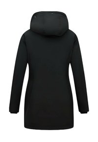 Zwarte waterdichte jas met capuchon, lange mouwen en een rechte snit. Glad oppervlak en minimalistisch ontwerp zonder zichtbare patronen of accenten.