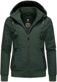 Green zip-up hoodie with a textured interior, adjustable hood, and two zippered side pockets. Features logo accents and ribbed cuffs.