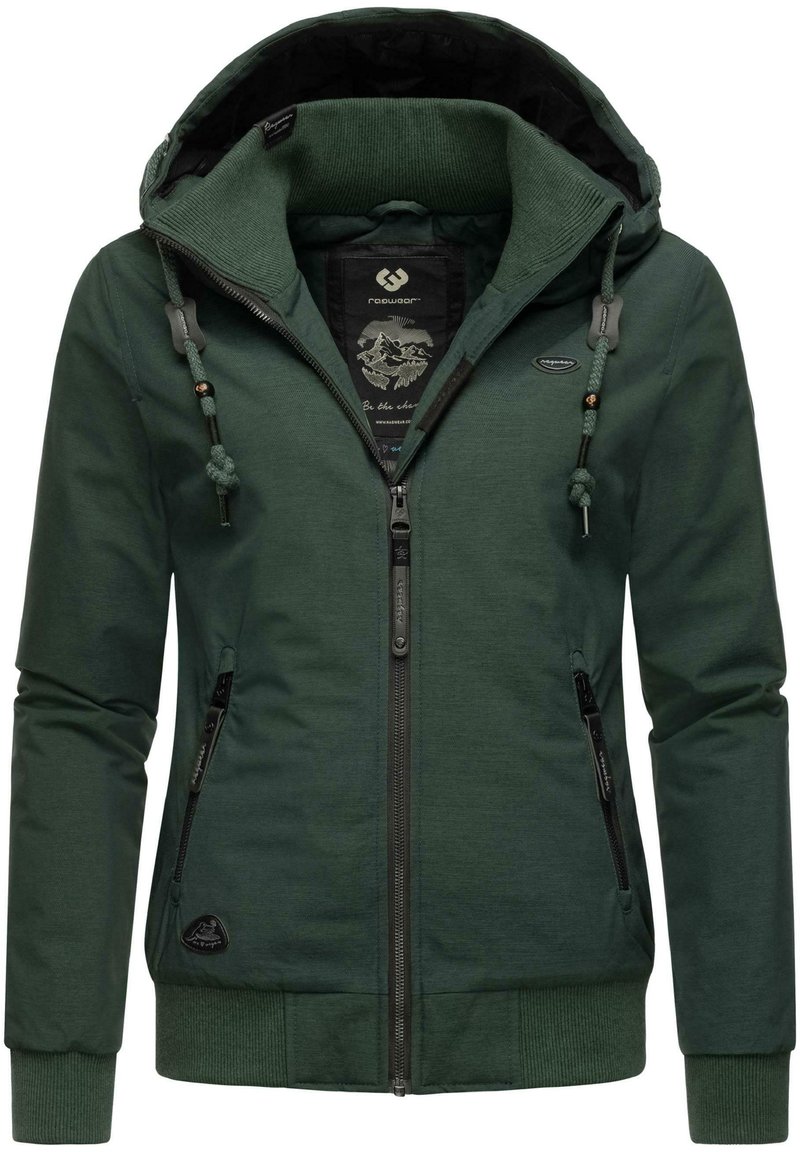 Green zip-up hoodie with a textured interior, adjustable hood, and two zippered side pockets. Features logo accents and ribbed cuffs.