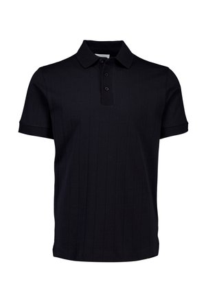 Zwart poloshirt met een gestructureerd geribbeld patroon, korte mouwen, een klassieke kraag en een knoopsluiting met drie knopen.