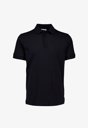 Zwart poloshirt met een gestructureerd geribbeld patroon, korte mouwen, een klassieke kraag en een knoopsluiting met drie knopen.