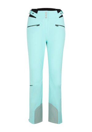 Light blue ski pants with black accents, a high waistband, three buttons, and zippered pockets; features grey paneling near the cuffs.