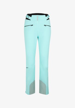 Light blue ski pants with black accents, a high waistband, three buttons, and zippered pockets; features grey paneling near the cuffs.