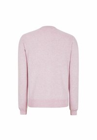 Ljusrosa tröja med rund hals, långa ärmar och ribbad nederkant. Tillverkad av mjukt material med en slät yta och minimala detaljer.