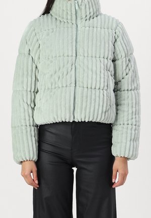Light green ribbed puffer jacket with front zipper worn with high-waisted black pants, hands relaxed by sides.
